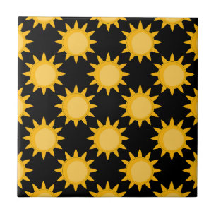 Shining Sun Illustration On Black Pattern Design Tile