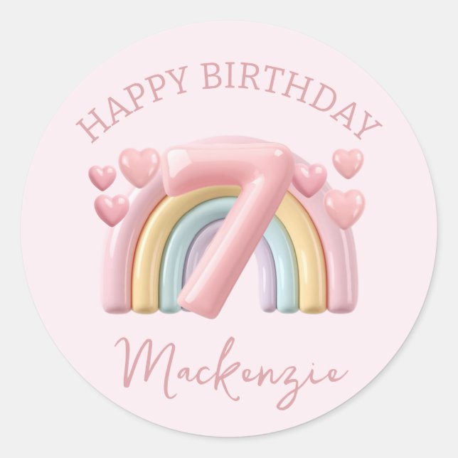 Shiny 3D Rainbow 7th Birthday Girl on Pink Classic Round Sticker (Front)