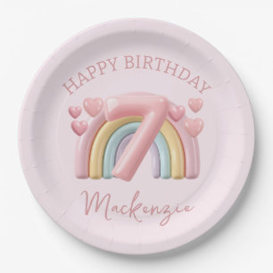 Shiny 3D Rainbow 7th Birthday Girl on Pink Paper Plate