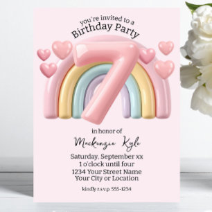 Shiny 3D Rainbow 7th Birthday Party For Girl Pink Invitation