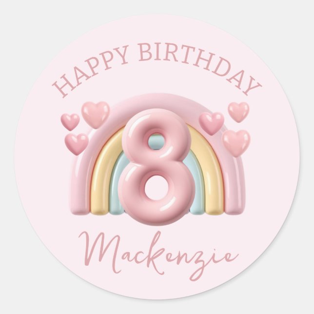 Shiny 3D Rainbow 8th Birthday Girl on Pink Classic Round Sticker (Front)