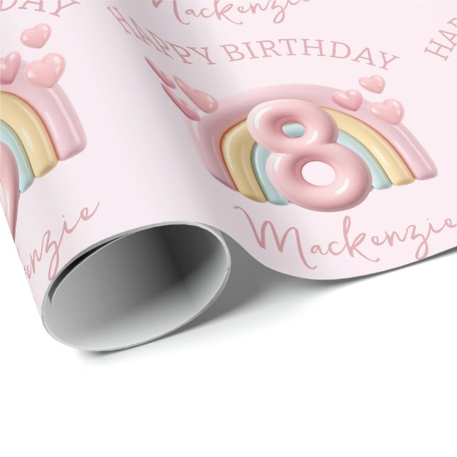 Shiny 3D Rainbow 8th Birthday Party For Girl Pink Wrapping Paper (Roll Corner)