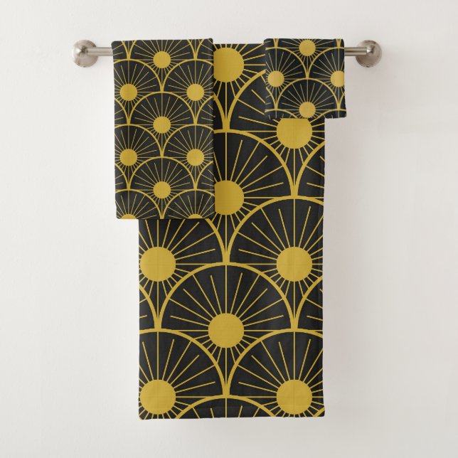 Shiny Art deco black and gold sun pattern  Bath Towel Set (Insitu)