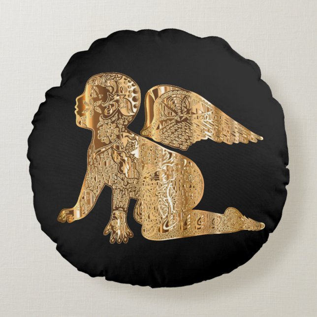 Shiny Baby Angel Wings Black Gold Angelic Round Cushion (Front)