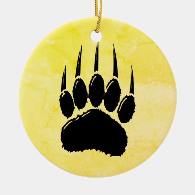 Shiny Black Bear Paw Print Ceramic Tree Decoration (Front)