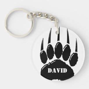 Shiny Black Bear Paw Print Custom Name Key Ring
