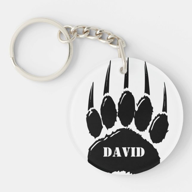 Shiny Black Bear Paw Print Custom Name Key Ring (Front)