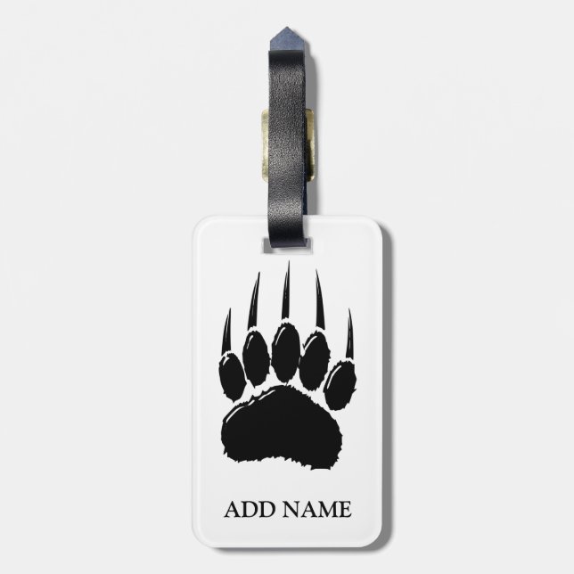 Shiny Black Bear Paw Print Luggage Tag (Back Vertical)