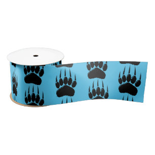 Shiny Black Bear Paw Print On Blue Satin Ribbon