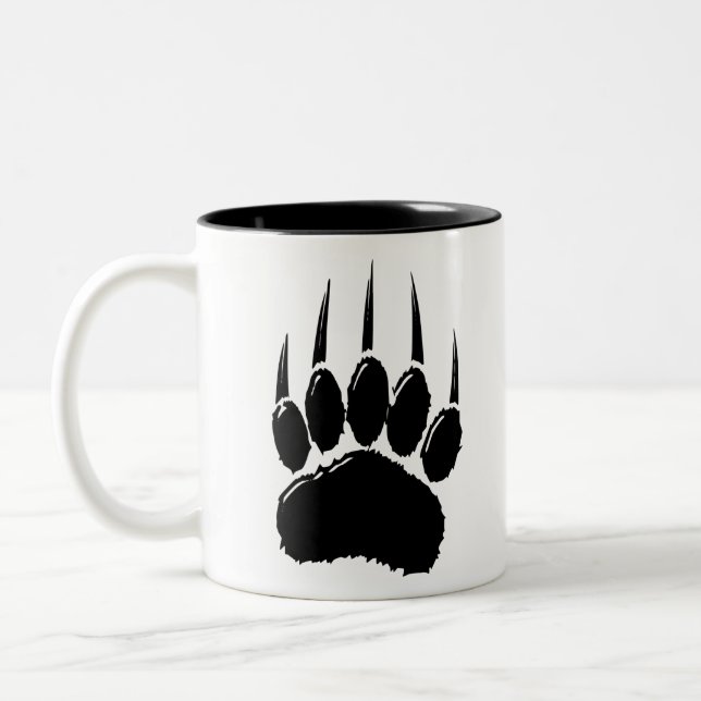 Shiny Black Bear Paw Print Two-Tone Coffee Mug (Left)