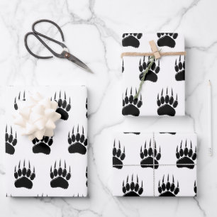 Shiny Black Bear Paw Print Wrapping Paper Sheet