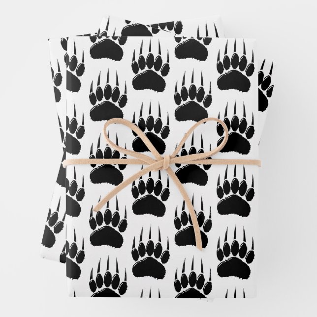 Shiny Black Bear Paw Print Wrapping Paper Sheet (In situ)