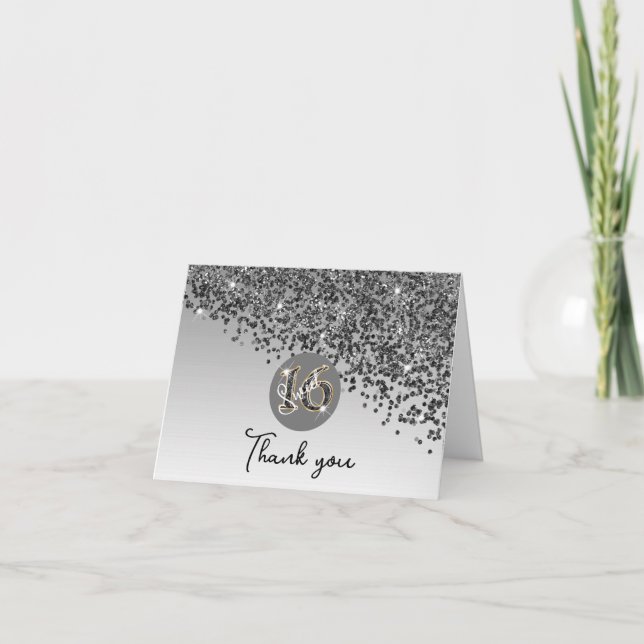 Shiny Black Glitter, Sweet 16 Thank You Card (Front)