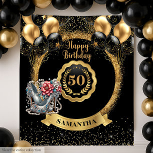 Shiny Black Gold Silver 50th Birthday Backdrop Tapestry