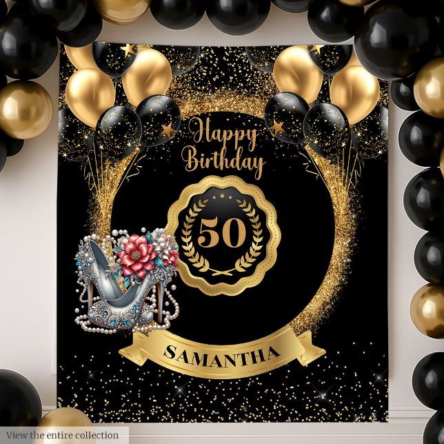 Shiny Black Gold Silver 50th Birthday Backdrop Tapestry (Shiny Black Gold Silver 50th Birthday Backdrop)
