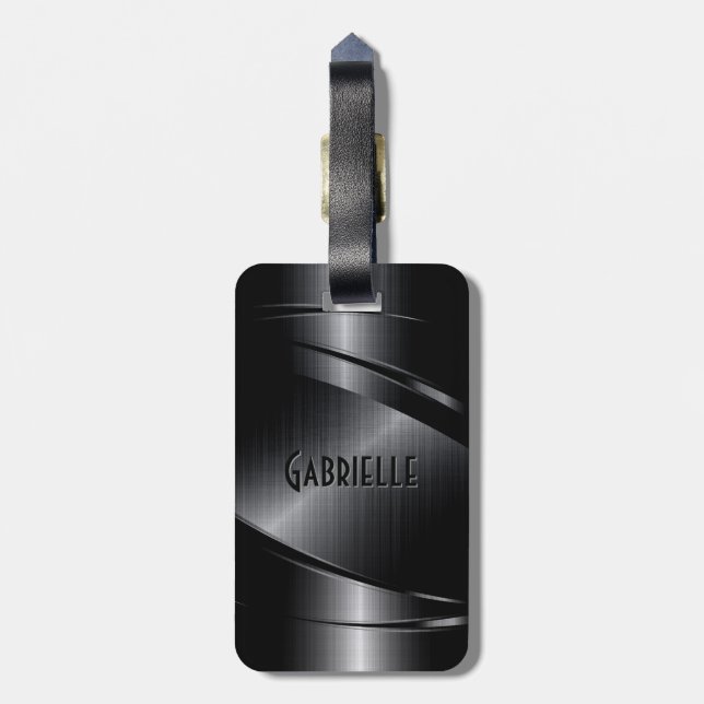 Shiny Black Metallic Brushed Aluminium Look Luggage Tag (Back Vertical)