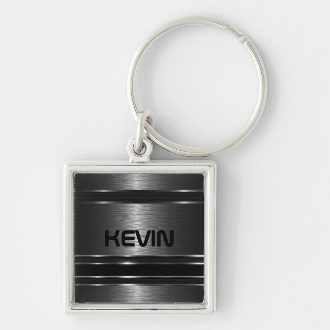 Shiny Black Metallic Texture With Monogram Key Ring (Front)