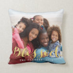 Shiny Blessings | Holiday Photo Throw Pillow<br><div class="desc">Shiny Blessings | Holiday Photo Throw Pillow - Gold. Elke Clarke © Other styles and colours available at www.zazzle.com/epclarke. Gold foil (printed photo effect) script font with the word " Blessed" typography overlay design. A perfect way to showcase your treasured family photo. A holiday gift or everyday gift for your...</div>