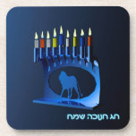 Shiny Blue Chanukkah Menorah Coaster<br><div class="desc">A modernistic,  metallic,  blue Chanukkah menorah,  featuring a lion in silhouette,  against a dark,  night-like background. All nine of the candles are lit. Hebrew text reading "Chag Chanukkah Sameach" (Happy Hanukkah) also appears in glowing blue and white.</div>