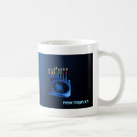 Shiny Blue Chanukkah Menorah Coffee Mug<br><div class="desc">A modernistic,  metallic,  blue Chanukkah menorah,  featuring a lion in silhouette,  against a dark,  night-like background. All nine of the candles are lit. Hebrew text reading "Chag Chanukkah Sameach" (Happy Hanukkah) also appears in glowing blue and white. Add your own additional text on the reverse side.</div>