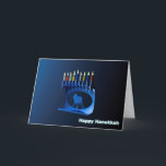 Shiny Blue Chanukkah Menorah Holiday Card<br><div class="desc">A modernistic,  metallic,  blue Chanukkah menorah,  featuring a lion in silhouette,  against a dark,  night-like background. All nine of the candles are lit. Text reading "Happy Hanukkah" also appears in glowing blue and white.</div>
