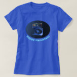 Shiny Blue Chanukkah Menorah T-Shirt<br><div class="desc">A modernistic,  metallic,  blue Chanukkah menorah,  featuring a lion in silhouette,  against a dark,  night-like background. All nine of the candles are lit. Hebrew text reading "Chag Chanukkah Sameach" (Happy Hanukkah) also appears in glowing blue and white.</div>