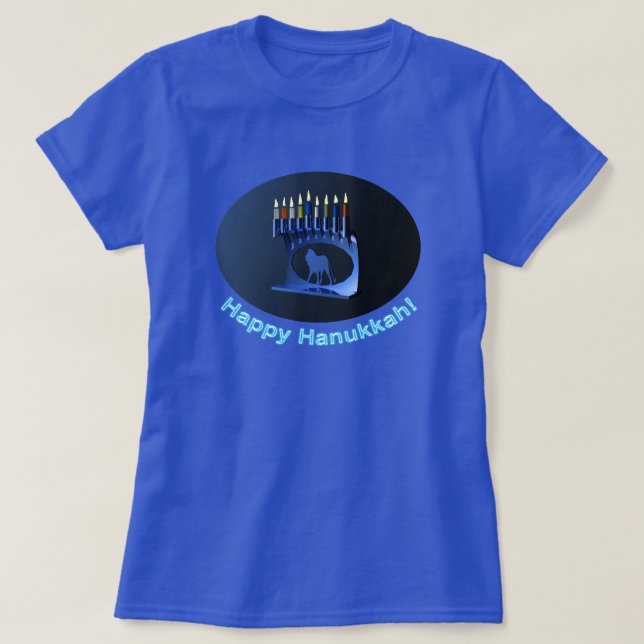 Shiny Blue Chanukkah Menorah T-Shirt (Design Front)