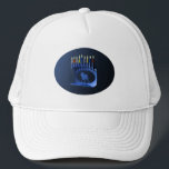Shiny Blue Chanukkah Menorah Trucker Hat<br><div class="desc">A modernistic,  metallic,  blue Chanukkah menorah,  featuring a lion in silhouette,  against a dark,  night-like background. All nine of the candles are lit.</div>