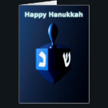 Shiny Blue Dreidel<br><div class="desc">A modernistic,  metallic,  blue dreidel against a dark,  night-like background.  Two of the Hebrew letters found on a dreidel,  nun and shin,  glow brightly.  English text reading "Happy Hanukkah" also appears in glowing blue and white.</div>