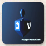Shiny Blue Dreidel Coaster<br><div class="desc">A modernistic, metallic blue dreidel against a dark, night-like background. Two of the Hebrew letters found on a dreidel, nun and shin, glow brightly. Text reading "Happy Hanukkah" also appears in glowing blue and white.</div>