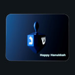 Shiny Blue Dreidel Magnet<br><div class="desc">A modernistic,  metallic blue dreidel against a dark,  night-like background.  Two of the Hebrew letters found on a dreidel,  nun and shin,  glow brightly.  Text reading "Happy Hanukkah" also appears in glowing blue and white.</div>