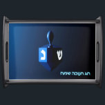 Shiny Blue Dreidel Serving Tray<br><div class="desc">A modernistic,  metallic blue dreidel against a dark,  night-like background.  Two of the Hebrew letters found on a dreidel,  nun and shin,  glow brightly.  Hebrew text reading "Chag Chanukkah Sameach" (Happy Hanukkah) also appears in glowing blue and white.</div>