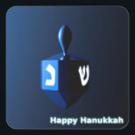 Shiny Blue Dreidel Square Sticker<br><div class="desc">A modernistic,  metallic blue dreidel against a dark,  night-like background.  Two of the Hebrew letters found on a dreidel,  nun and shin,  glow brightly.  Text reading "Happy Hanukkah" also appears in glowing blue and white.</div>