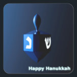 Shiny Blue Dreidel Square Sticker<br><div class="desc">A modernistic,  metallic blue dreidel against a dark,  night-like background.  Two of the Hebrew letters found on a dreidel,  nun and shin,  glow brightly.  Text reading "Happy Hanukkah" also appears in glowing blue and white.</div>
