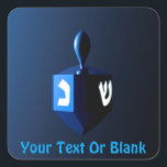 Shiny Blue Dreidel Square Sticker<br><div class="desc">A modernistic,  metallic blue dreidel against a dark,  night-like background.  Two of the Hebrew letters found on a dreidel,  nun and shin,  glow brightly.  Add your own text.</div>