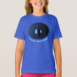 Shiny Blue Dreidel T-Shirt<br><div class="desc">A modernistic, metallic blue dreidel against a dark, night-like background. Two of the Hebrew letters found on a dreidel, nun and shin, glow brightly. Text reading "Happy Hanukkah!" also appears in glowing blue and white.</div>