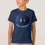 Shiny Blue Dreidel T-Shirt<br><div class="desc">A modernistic, metallic blue dreidel against a dark, night-like background. Two of the Hebrew letters found on a dreidel, nun and shin, glow brightly. Text reading "Happy Hanukkah!" also appears in glowing blue and white.</div>