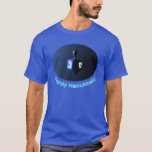 Shiny Blue Dreidel T-Shirt<br><div class="desc">A modernistic, metallic blue dreidel against a dark, night-like background. Two of the Hebrew letters found on a dreidel, nun and shin, glow brightly. Text reading "Happy Hanukkah!" also appears in glowing blue and white.</div>