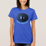 Shiny Blue Dreidel T-Shirt<br><div class="desc">A modernistic, metallic blue dreidel against a dark, night-like background. Two of the Hebrew letters found on a dreidel, nun and shin, glow brightly. Text reading "Happy Hanukkah!" also appears in glowing blue and white.</div>