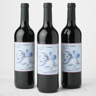 Shiny Blue Flower Wedding Wine Bottle Labels