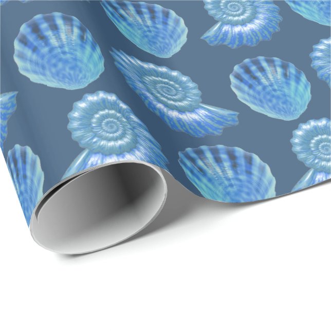 Shiny Blue Ornate Sea Shells Pattern Wrapping Paper (Roll Corner)