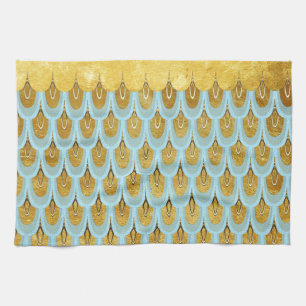 Shiny Blue Teal Glitter Mermaid Fish Scales Tea Towel