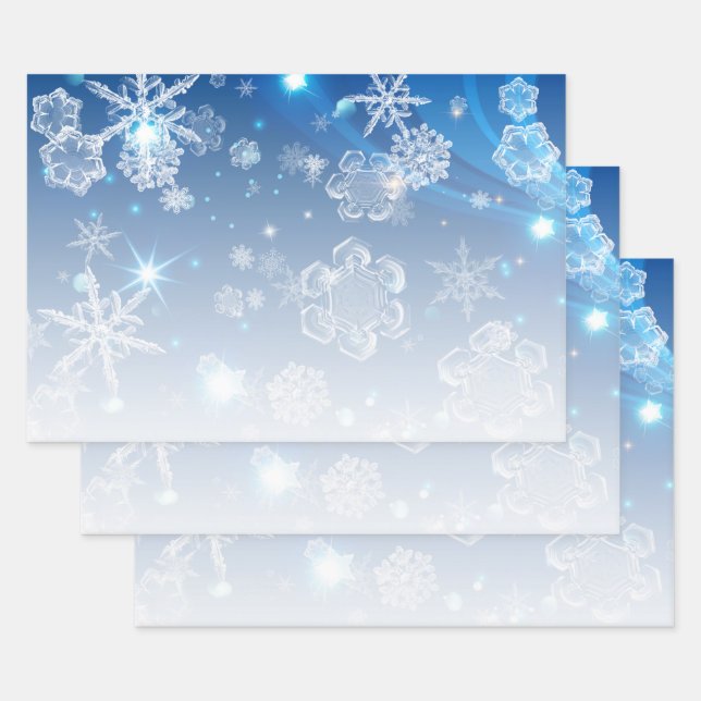 Shiny Blue Winter Wonderland Crystal Snowflakes  Wrapping Paper Sheet (Set)