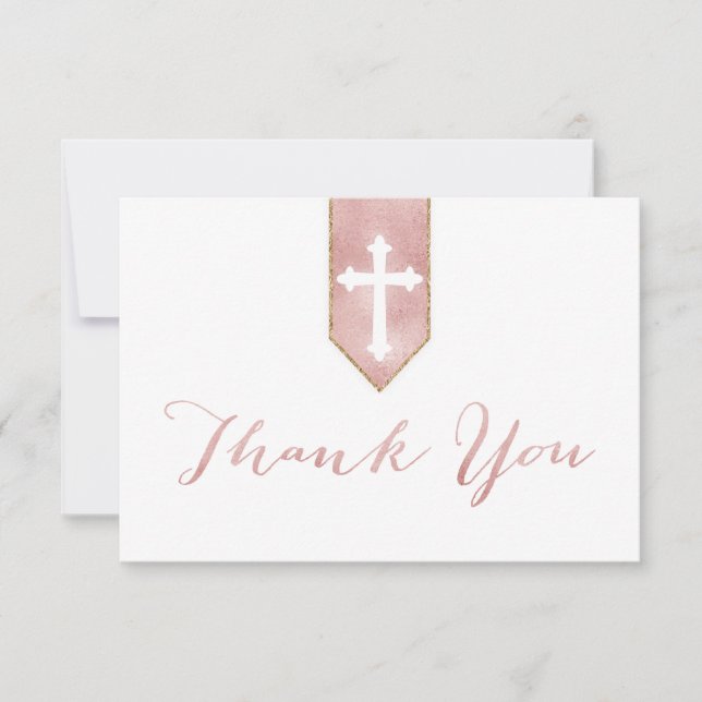 Shiny Blush Rose Script Baptism Cross Thank You (Front)