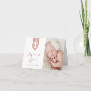 Shiny Blush Script Baptism Folded Thank You Photo Card