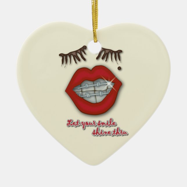 Shiny Braces, Red Lips, Mole, and Thick Eyelashes Ceramic Tree Decoration (Front)