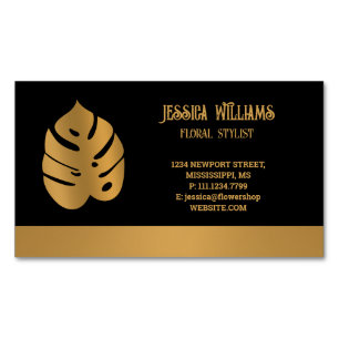 Shiny Bronze Flower Monstera Leaves on black Magnetic Business Card