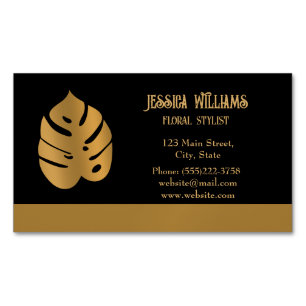 Shiny Bronze Flower Monstera Leaves on black  Magnetic Business Card
