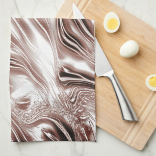 Shiny brown long wavy traces on white background tea towel