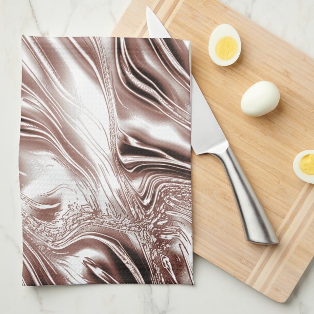 Shiny brown long wavy traces on white background  tea towel (Quarter Fold)